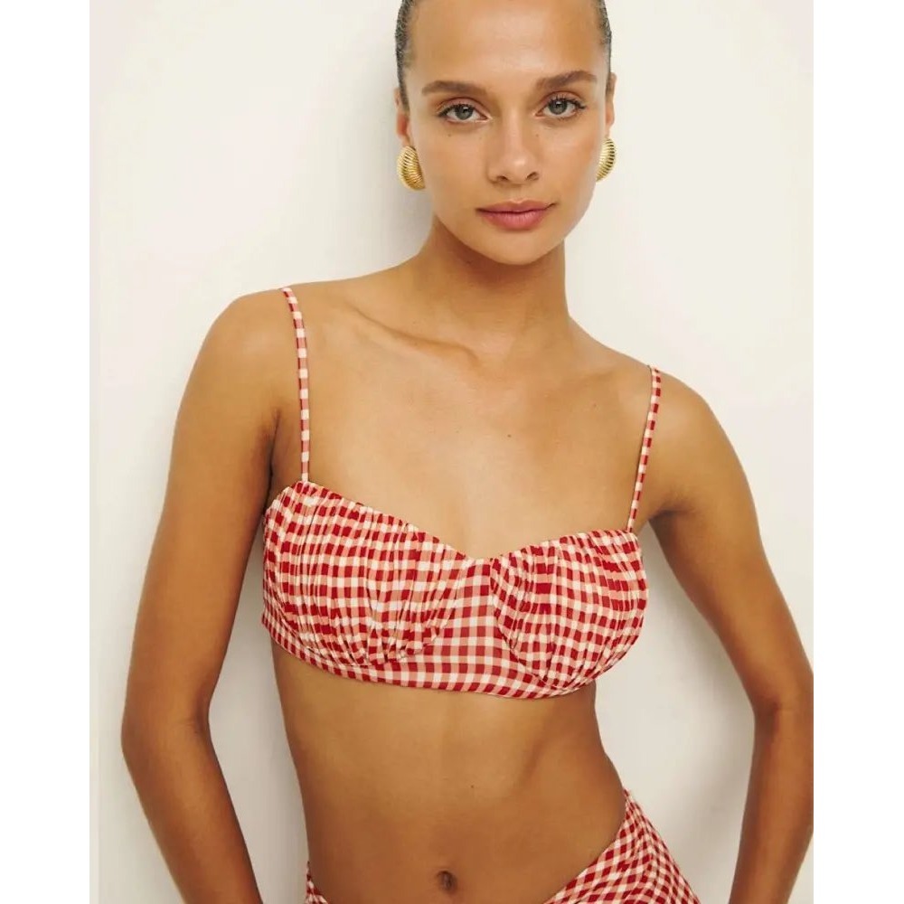 Reformation Alana Red Gingham Bustier Crop Top Sweetheart Neck Viscose Size 6